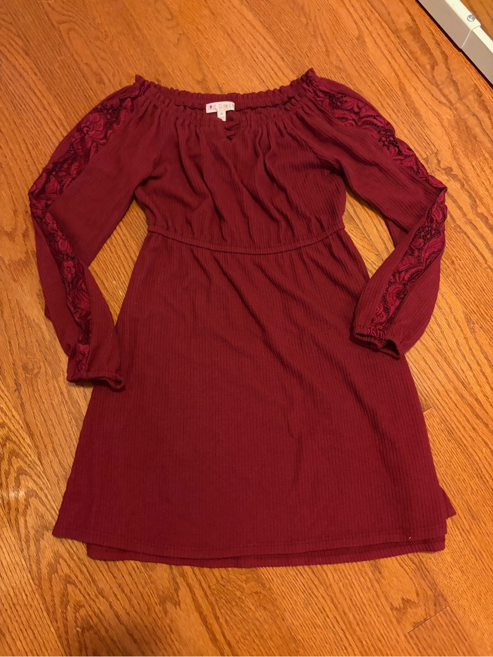 Girls Burgundy Dress with Lace Sleeves